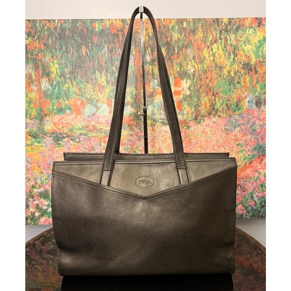 EUC Rare Vintage Longchamp Solid Black Leather Tote Bag